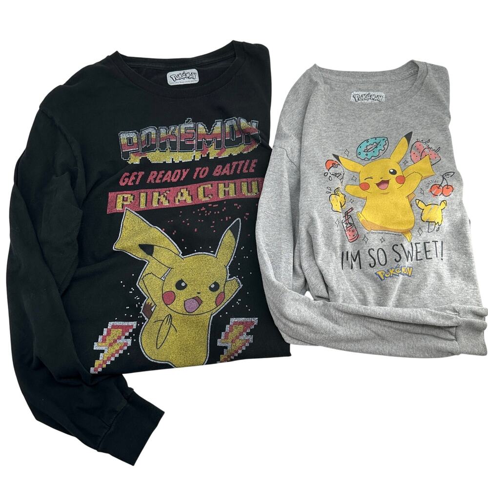 Pokemon Pikachu Long Sleeve Shirt Bundle Gray Black Graphic Size M Anime Soft